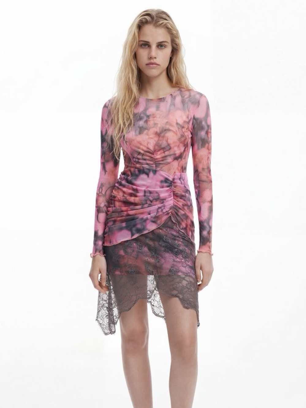 Desigual Mini Dress Size M Pink Black Floral Mesh Lace